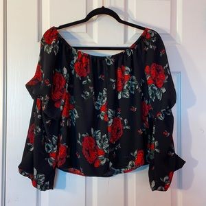 Off the shoulder; red and black floral blouse